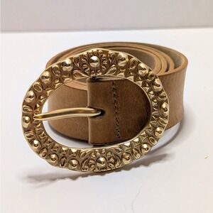 Streets Ahead Ainsley Tan Leather Belt Gold Ornate Boho Buckle USA Women's Small